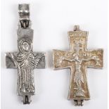Two Russian unmarked silver colour pectoral crosses,
