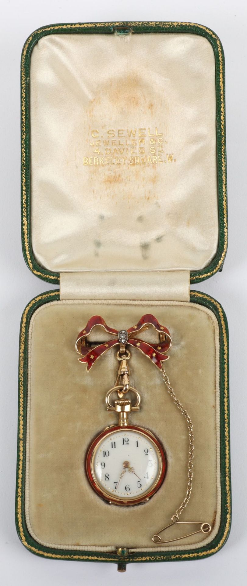 A lady’s 18ct gold, diamond and guilloche enamel fob watch