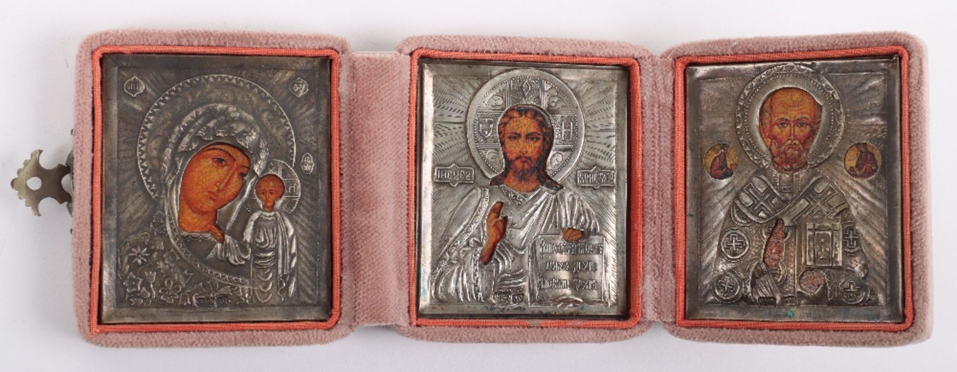 A 19th century (1882-1899) Russian silver triptych icon in travel case, Alexander Sevier, St Petersb