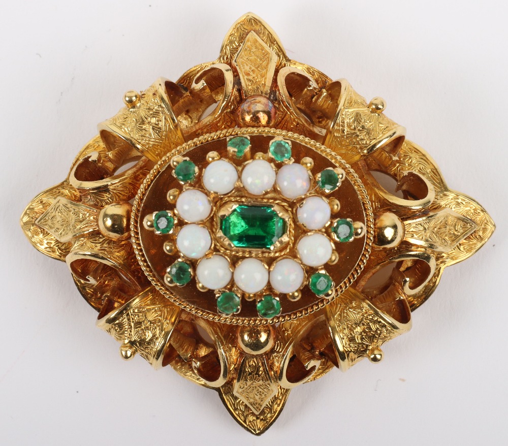 An 18ct gold, emerald and opal lozenge shaped brooch,