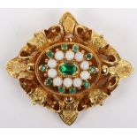 An 18ct gold, emerald and opal lozenge shaped brooch,