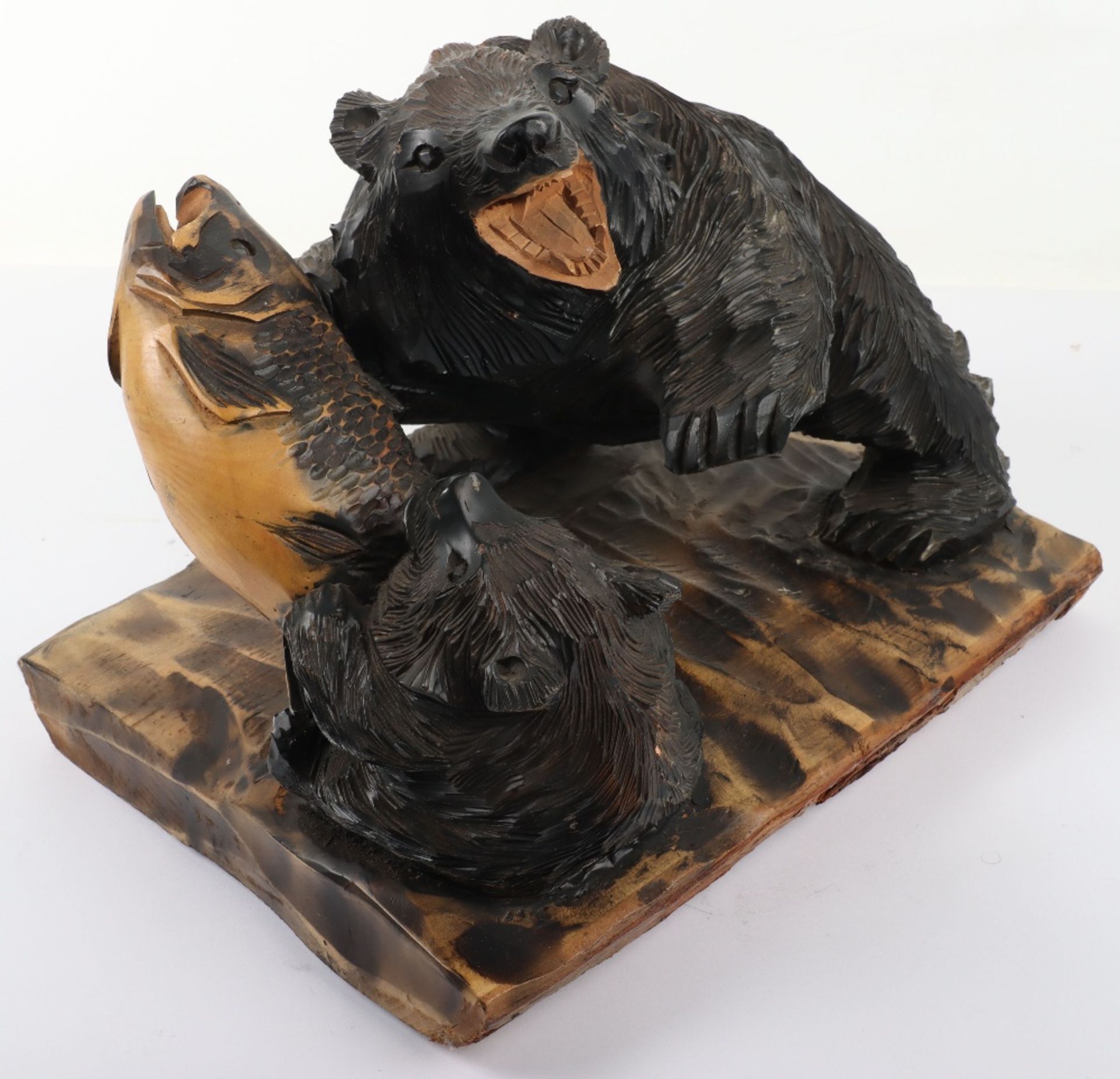 A Japanese carved wood group of bear and cub with salmon - Image 4 of 8