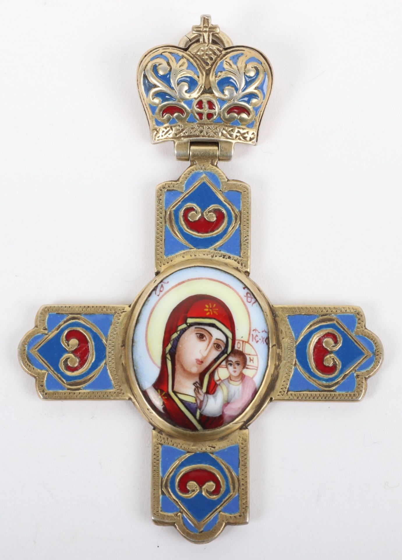 An early 20th century (1908-1926) silver gilt and enamel pectoral cross, St Petersburg