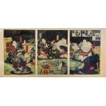 A late 19th century Japanese triptych woodblock print, in the style of Kunisada