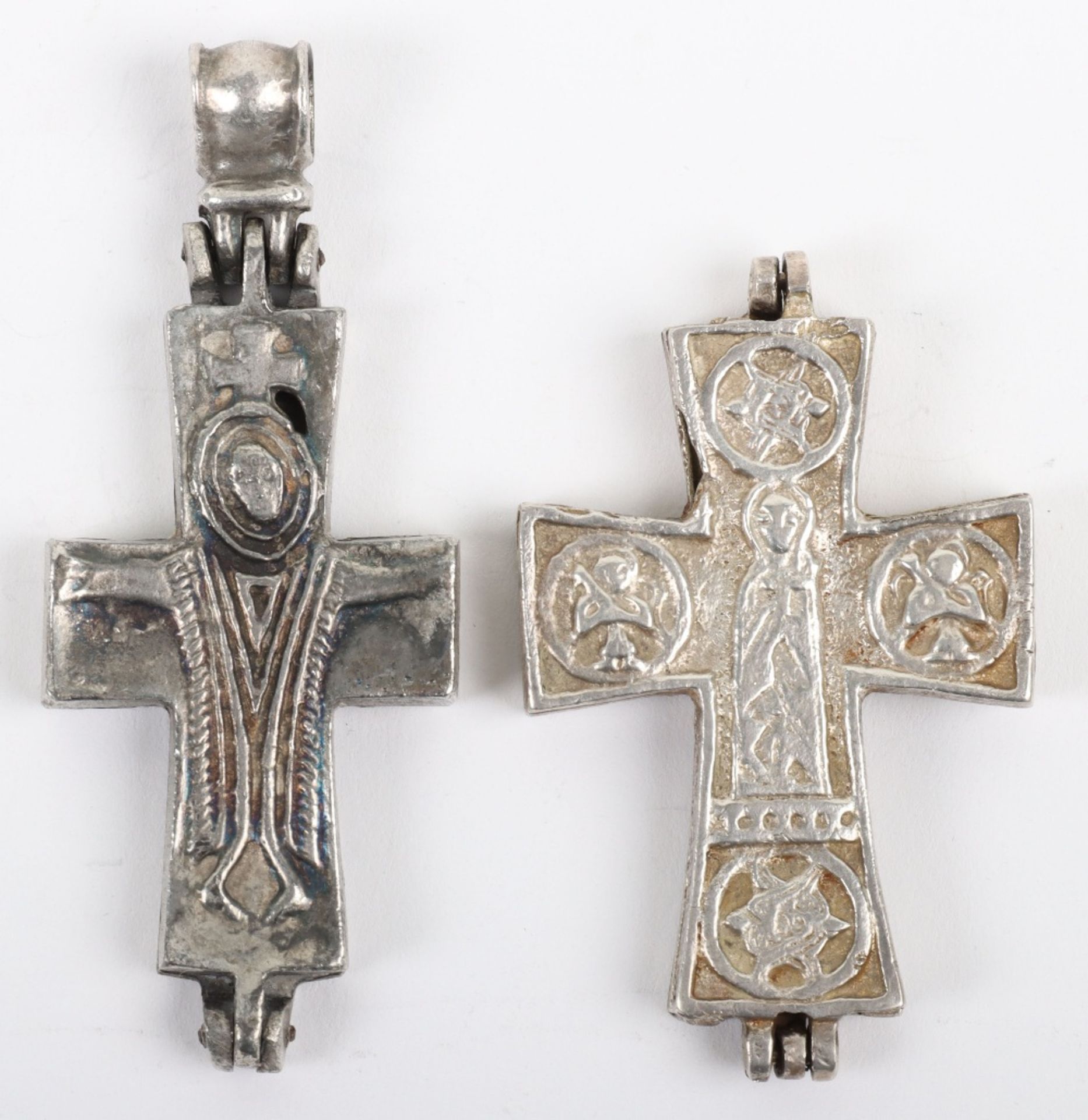 Two Russian unmarked silver colour pectoral crosses, - Image 2 of 2