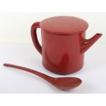 A Japanese red lacquer tea pot and ladle