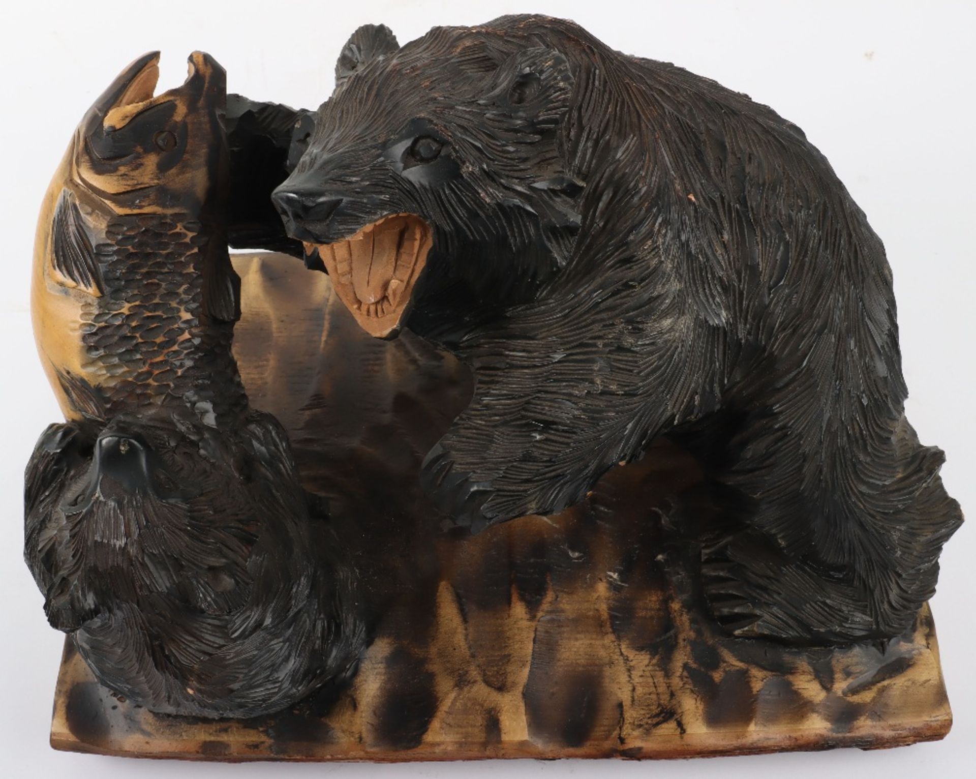 A Japanese carved wood group of bear and cub with salmon - Image 2 of 8