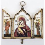 An early 20th century (1908-1926) Russian silver and cloisonne enamel triptych icon, by Khlebnikov,