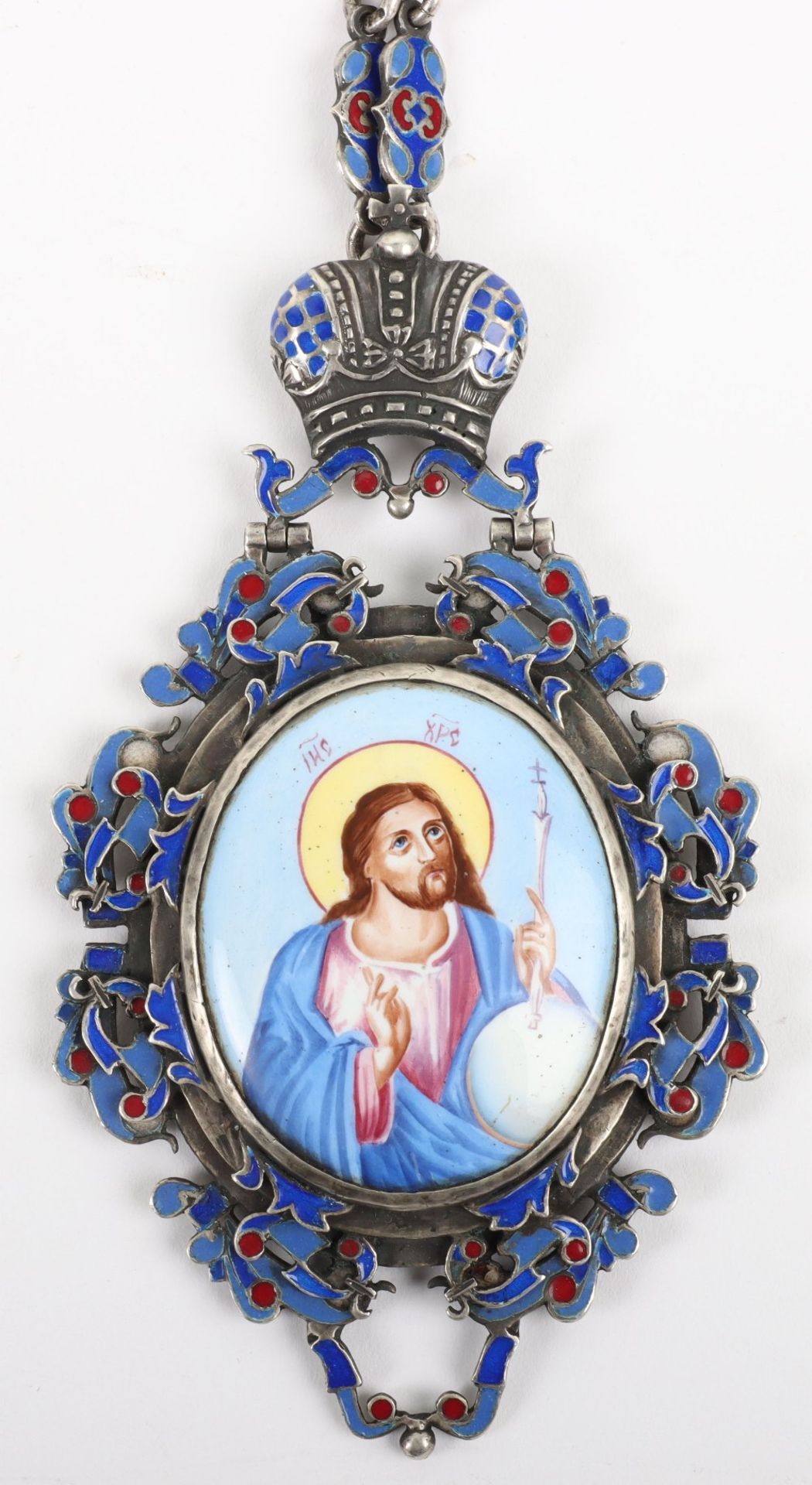 An early 20th century (1908-1926) Russian silver and enamel religious pendant / engolpion and chain, - Image 2 of 6
