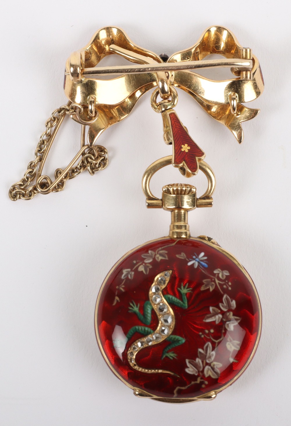 A lady’s 18ct gold, diamond and guilloche enamel fob watch - Bild 5 aus 8