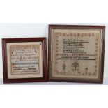 Two Victorian needlework sampler’s, by Helen Glassford aged 8 in 1874 and Jane Holt in 1851