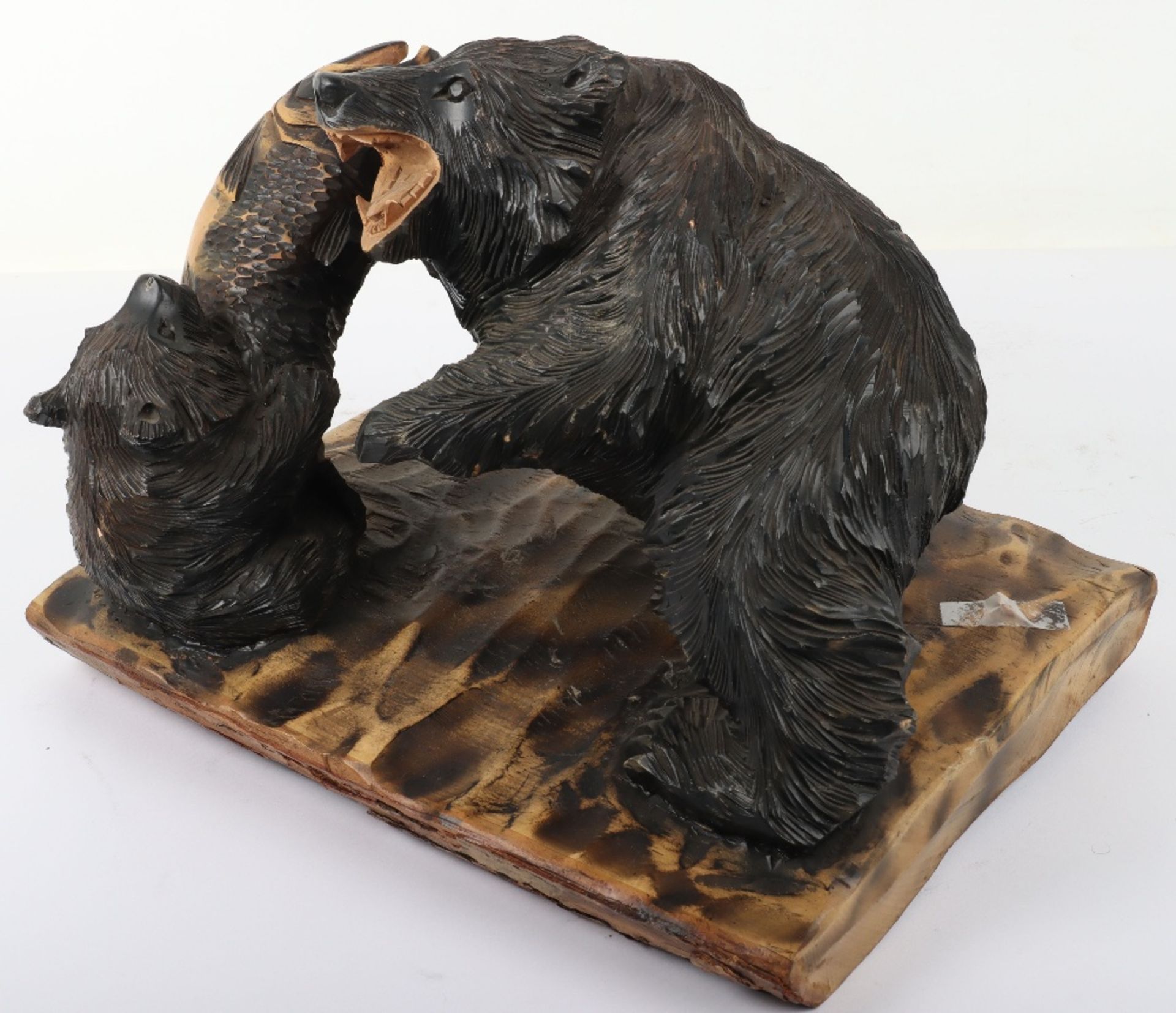 A Japanese carved wood group of bear and cub with salmon - Image 7 of 8