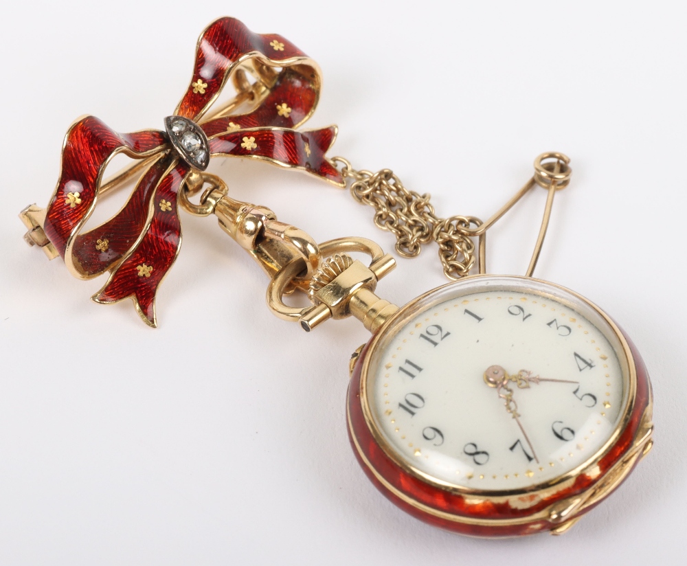 A lady’s 18ct gold, diamond and guilloche enamel fob watch - Image 4 of 8