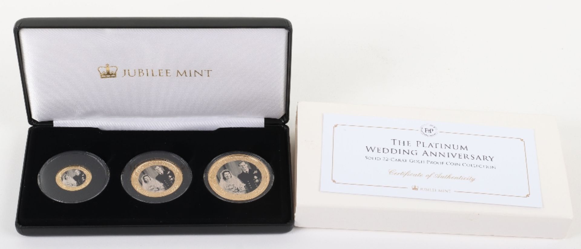 Platinum Wedding Anniversary 22ct gold proof Five Pound (40g), Two Pound (16g) and One Pound (8g)