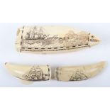 Large Whales Tooth with Scrimshaw Scenes of Nautical Interest