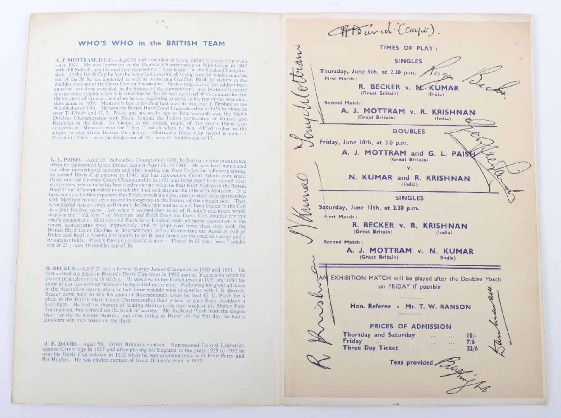 A signed Davis Cup programme of 1955 between Great Britain v India at The Northern Lawn Tennis Club - Image 2 of 6
