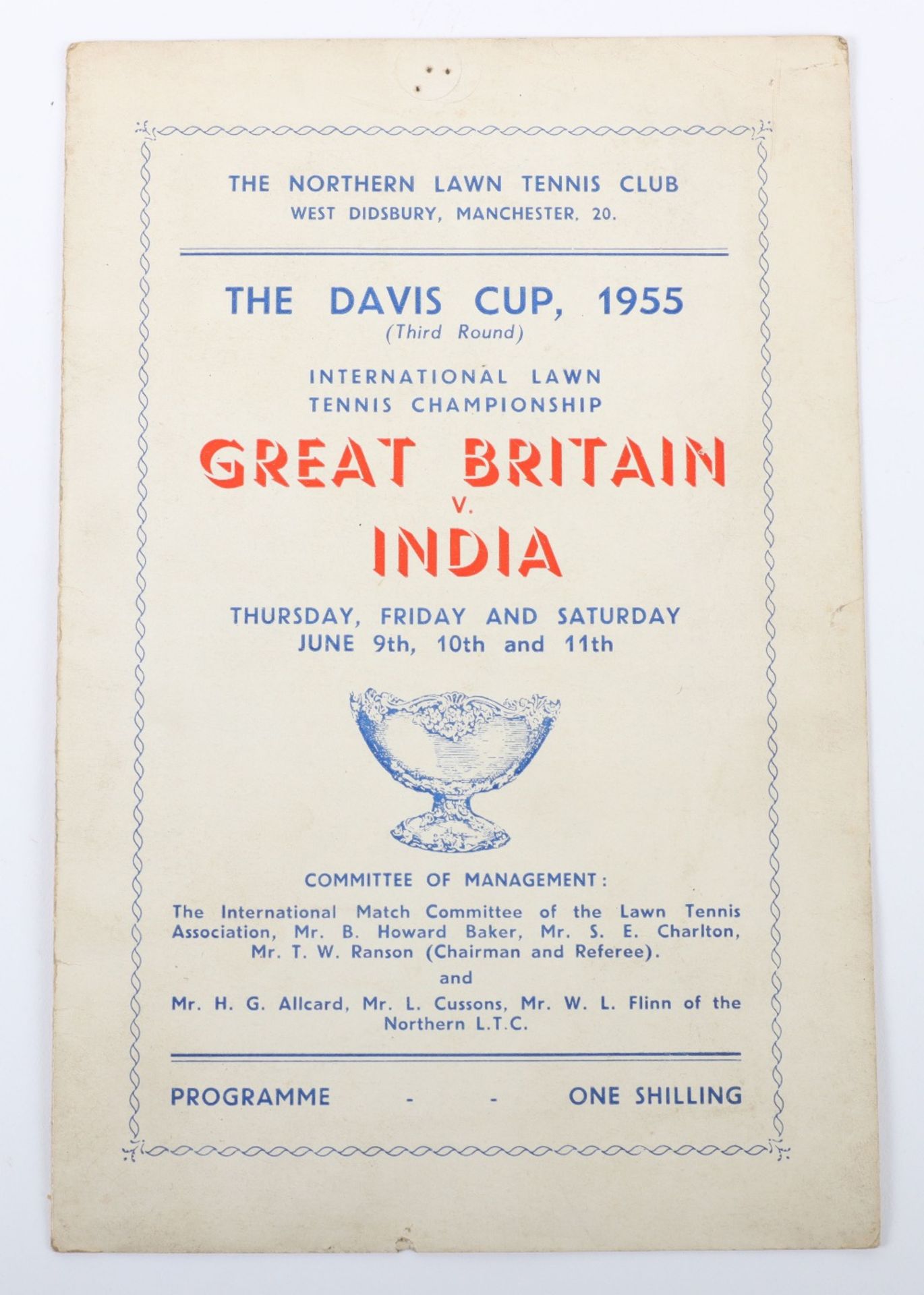 A signed Davis Cup programme of 1955 between Great Britain v India at The Northern Lawn Tennis Club