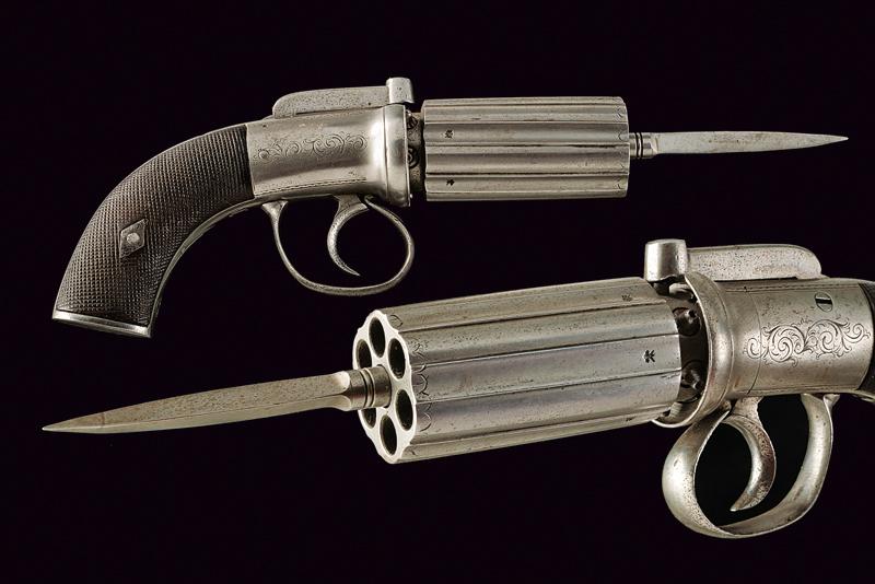 A rare percussion pepperbox revolver with bayonet