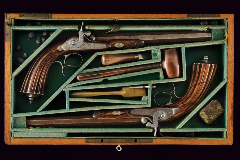 A cased pair of fine duel percussion pistols by Weil