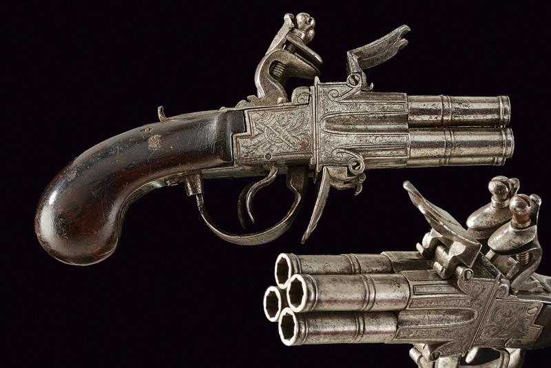 A rare four barrelled flintlock boxlock pistol