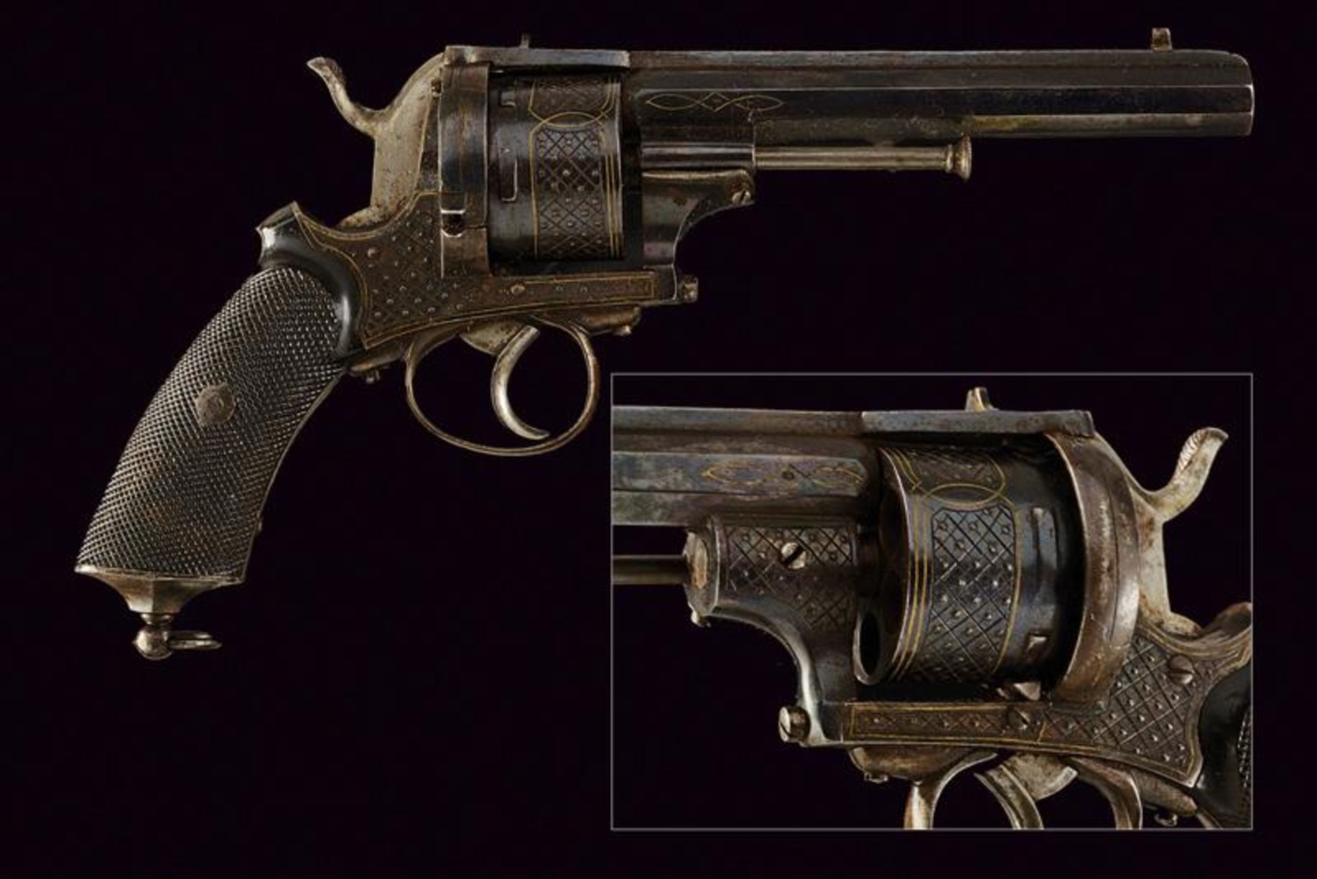 An engraved pinfire revolver