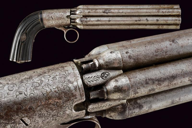 A percussion pepperbox revolver with long barrels