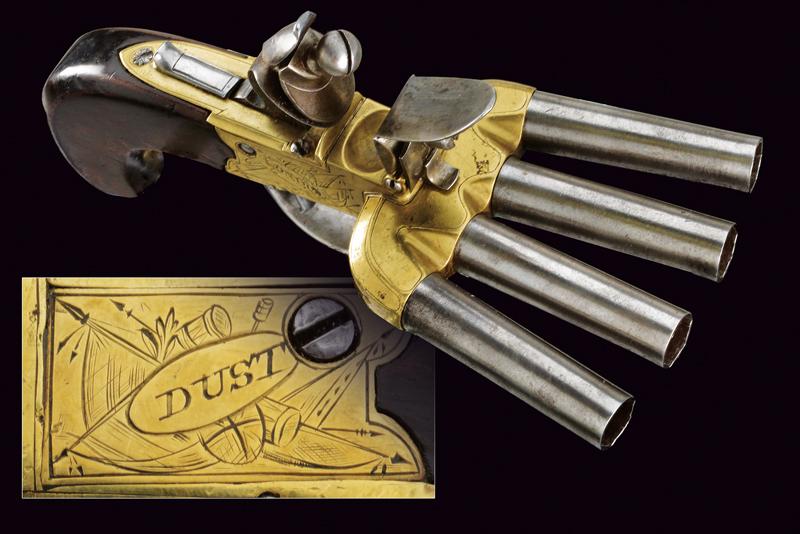 An extremely rare duck's foot flintlock pistol by Dust