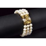 Cultured pearl and diamond gold bracelet