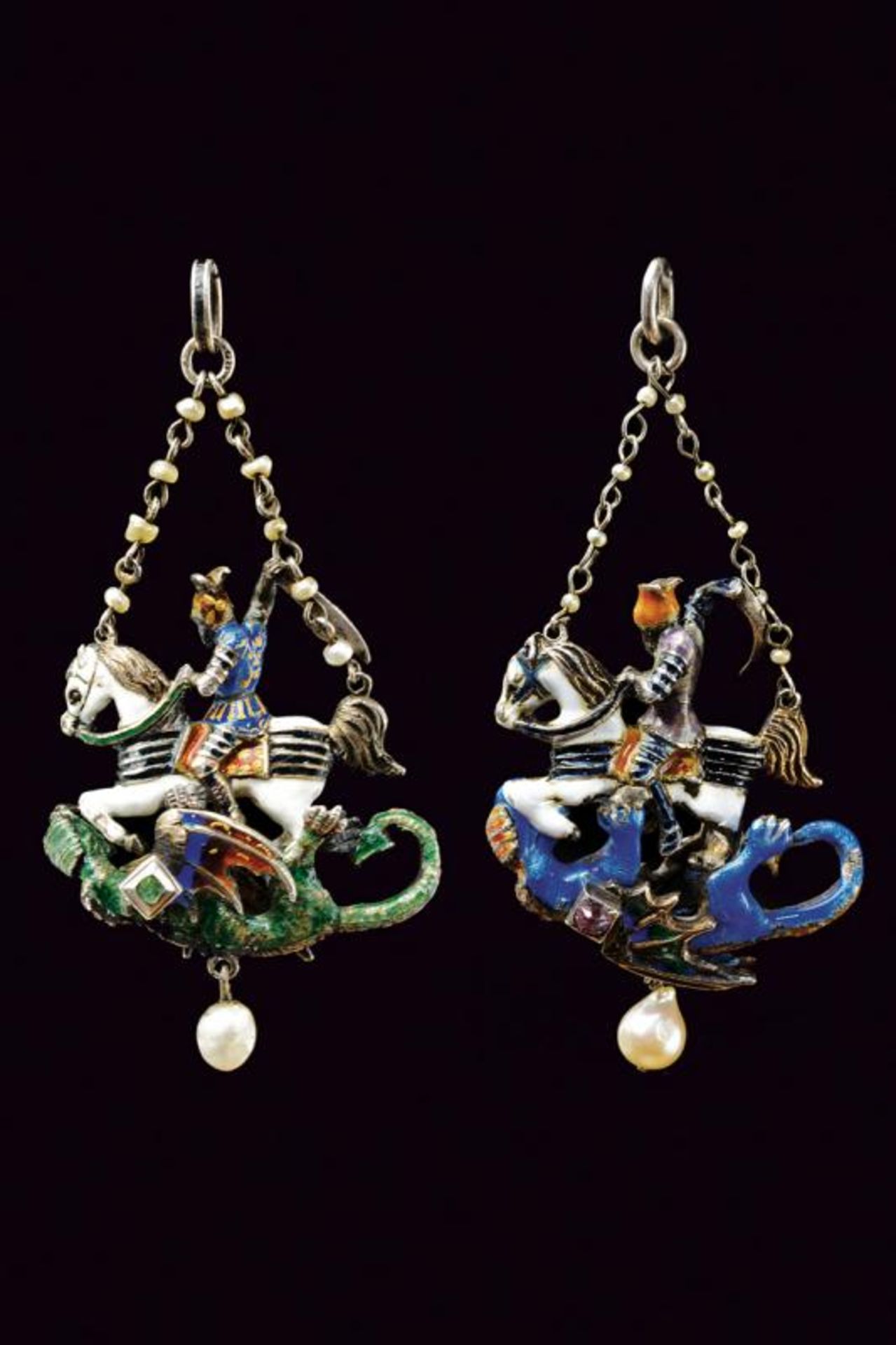 St George slaying the dragon Austro Hungarian enamel gem set silver pendants - Image 2 of 2