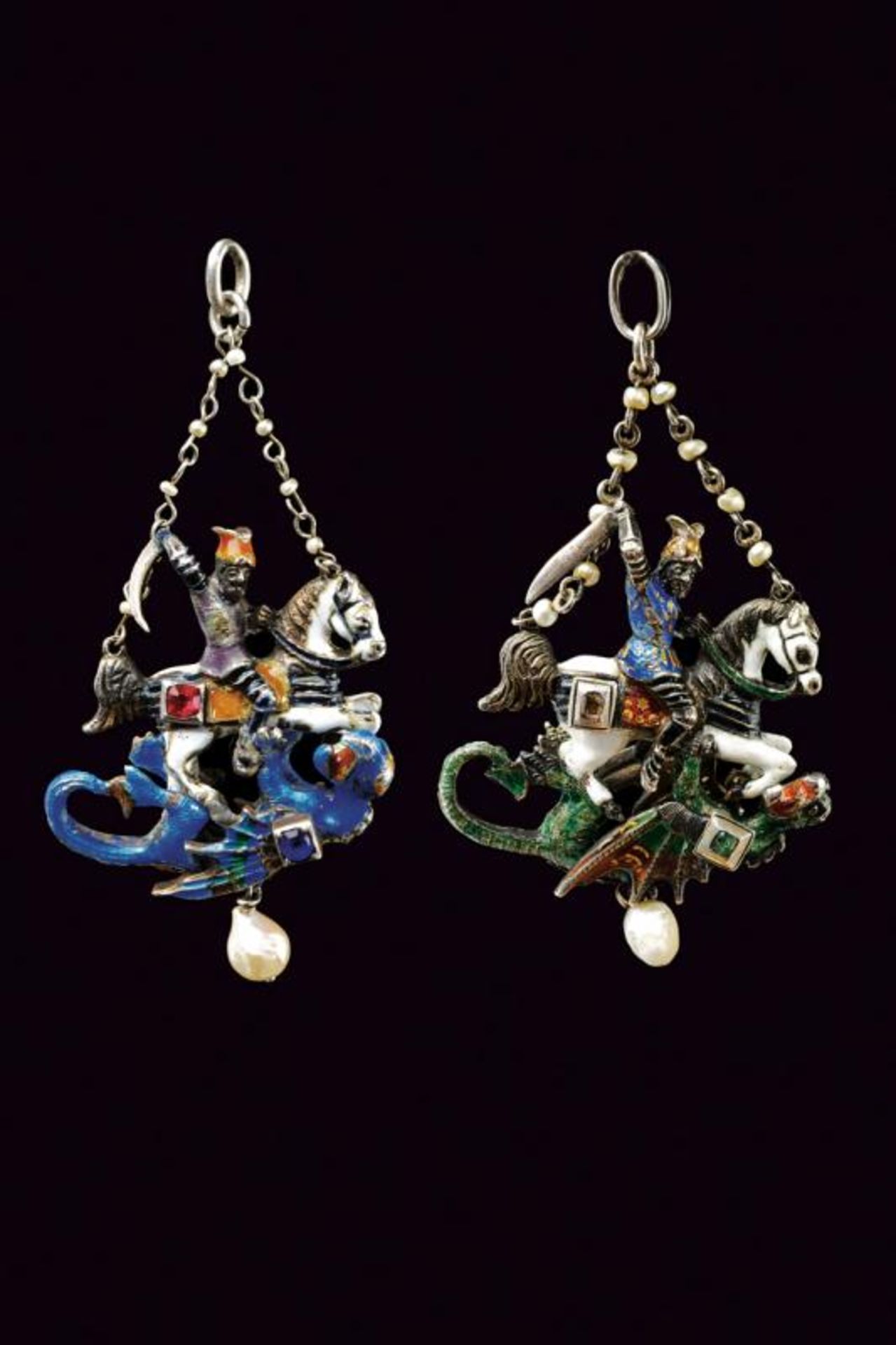 St George slaying the dragon Austro Hungarian enamel gem set silver pendants