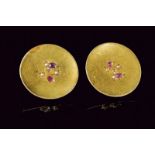 14 kt gold round button cufflinks with pearls and rubies
