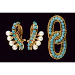 Cultured pearls and turquoise-set earrings and brooch