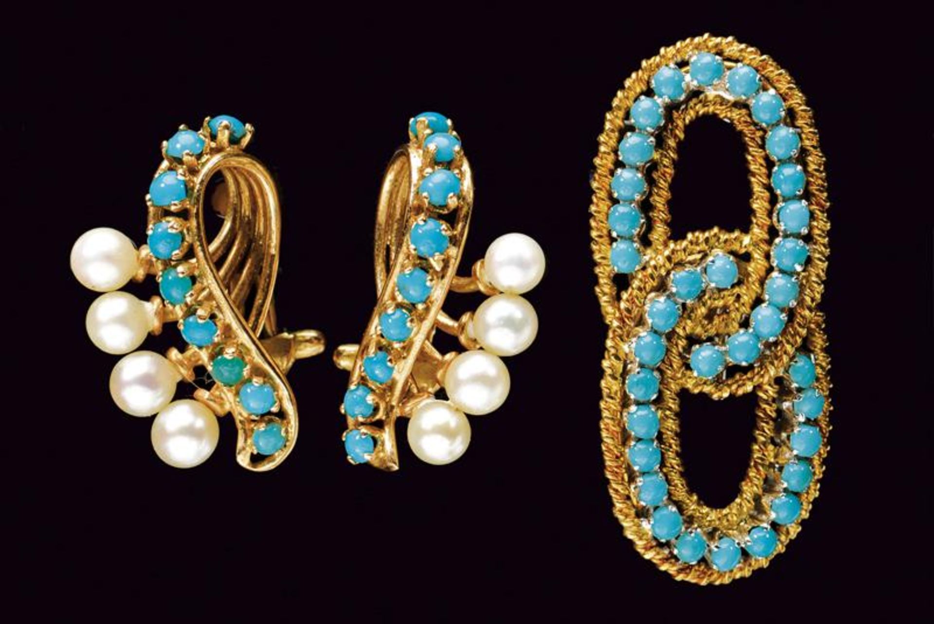 Cultured pearls and turquoise-set earrings and brooch