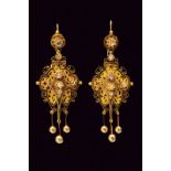 Two tone 18Kt gold and diamonds Etruscan Revival drop earrings