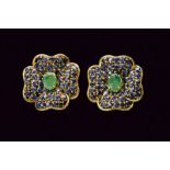 CREA, pair of earrings in yellow gold, sapphires and emeralds
