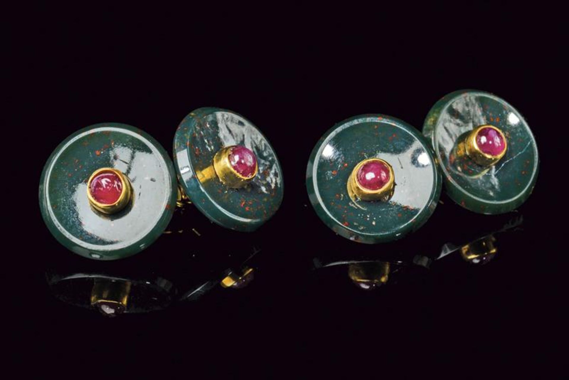 Yellow gold and ruby bloodstone cufflinks