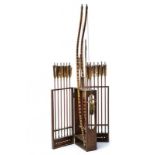 A wooden stand with two bows and arrows for Kyudo Heki Ryu