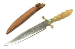 1950's Bowie knife by Fagan of Sheffield, 15.5cm etched blade, brass hilt with pressed horn grip ove