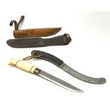 Norwegian hunting knife with 15cm steel single edged blade, bone handle and brass ferrule, in leathe