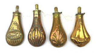 Four Victorian copper and brass powder flasks, three marked 'Patent', one embossed with a gun dog in