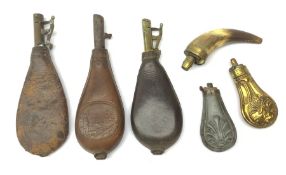 Victorian horn and brass pistol powder flask H14cm; two other Victorian pistol powder flasks in embo