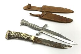 20th century hunting knife with 13cm single edge blade, cast white metal hilt with S-shaped quillon,