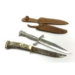 20th century hunting knife with 13cm single edge blade, cast white metal hilt with S-shaped quillon,