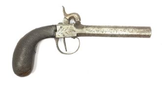 Mid-19c Belgian percussion cap pocket pistol with (seized) turn-off octagonal barrel, foliate chased