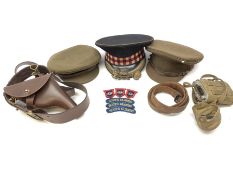 Scots Guards - two officer's peaked caps with chin strap and side buttons, one with badge, and blue