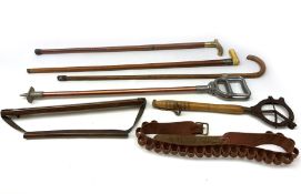 Gamekeeper's wooden and leather game carrier L51cm; clay hand flinger with iron dispenser and turned