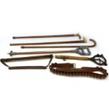 Gamekeeper's wooden and leather game carrier L51cm; clay hand flinger with iron dispenser and turned