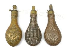 Three Victorian G. & J.W. Hawksley Sheffield brass and copper powder flasks, one embossed with horse