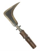 Central African throwing knife, hammered steel hooked blade with wooden grip overall 39cm