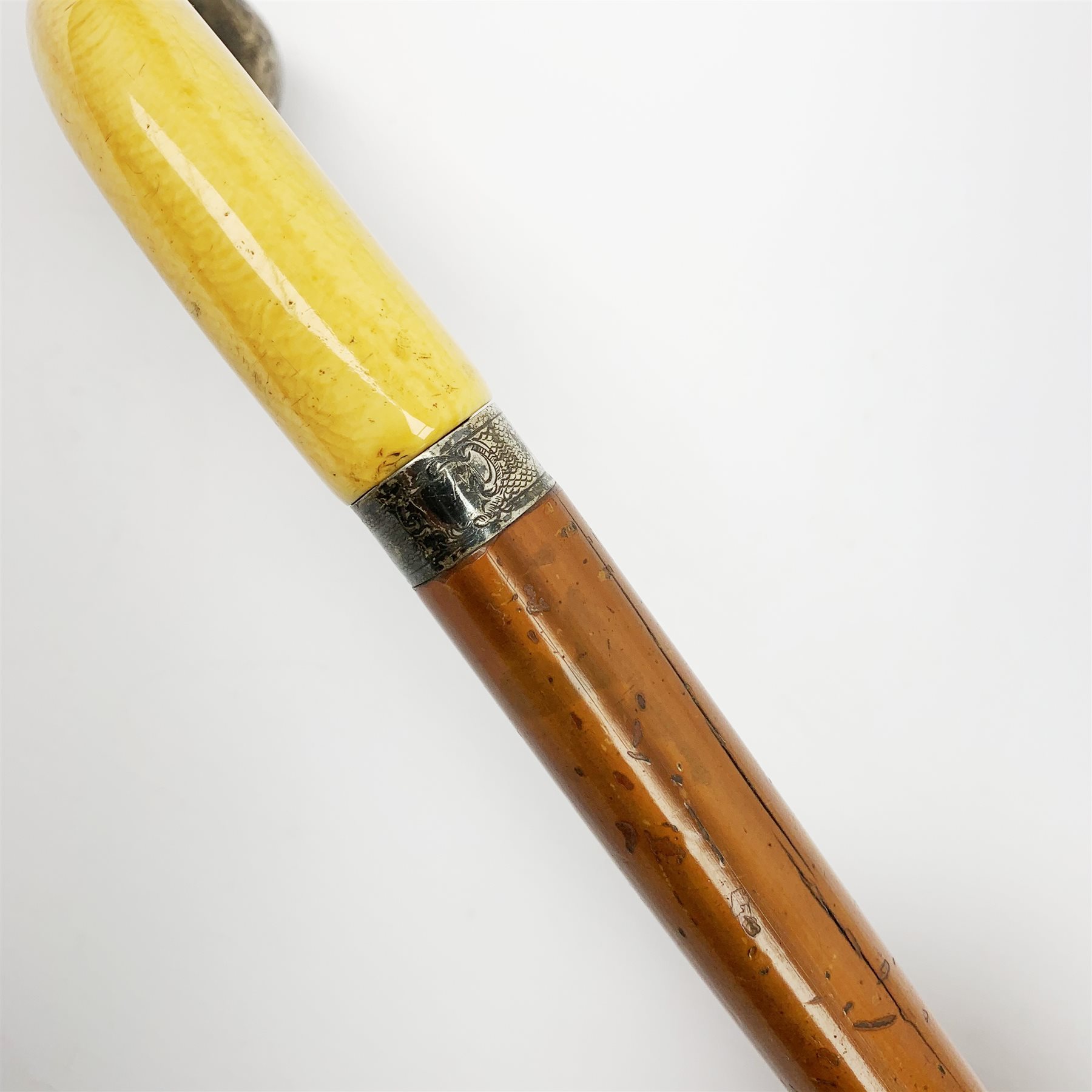 19th century malacca sword-stick with ivory handle and engraved white metal mounts, slim 74cm engrav - Image 4 of 10